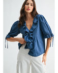 Gabriella Denim Pleated Ruffle Blouse