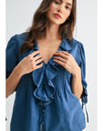 Gabriella Denim Pleated Ruffle Blouse