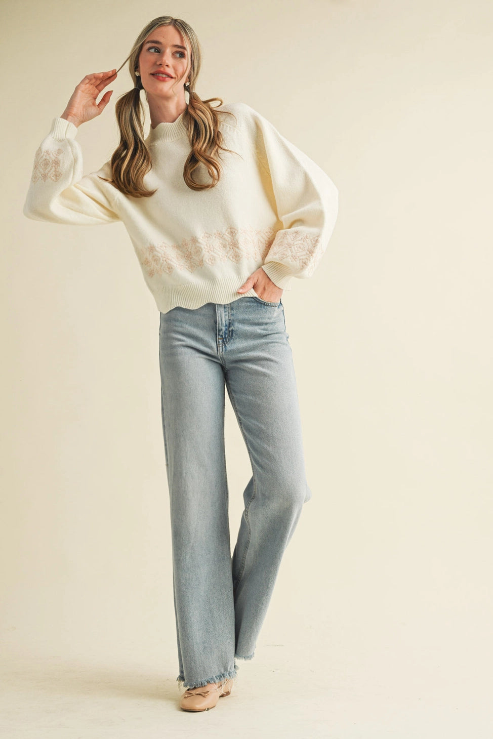 Savannah Scalloped Sweater with Embroidery
