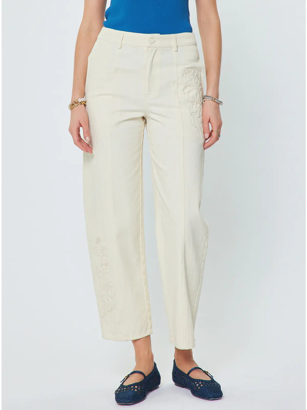 Nora Embroidered Cotton Barrel Pants