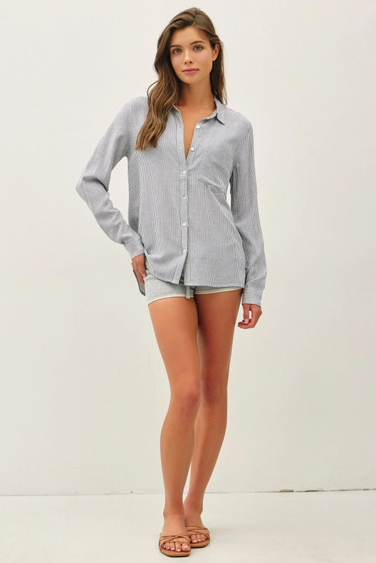 Lucy Linen Blended Stripe Boxy Shirt-Denim