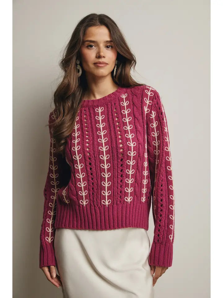 Ella Embroidered Cable Knit Sweater