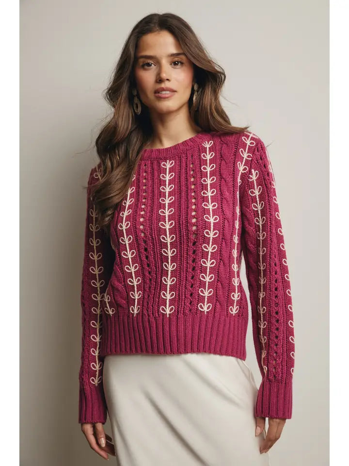Ella Embroidered Cable Knit Sweater