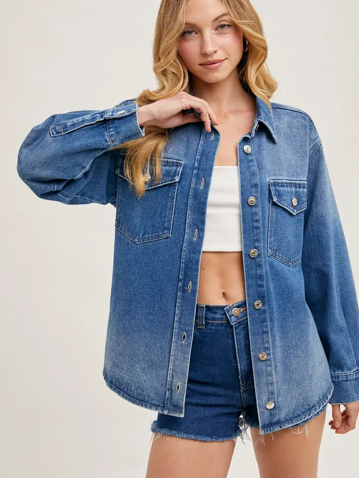Carrie Washed Denim Button Down Shirt Jacket