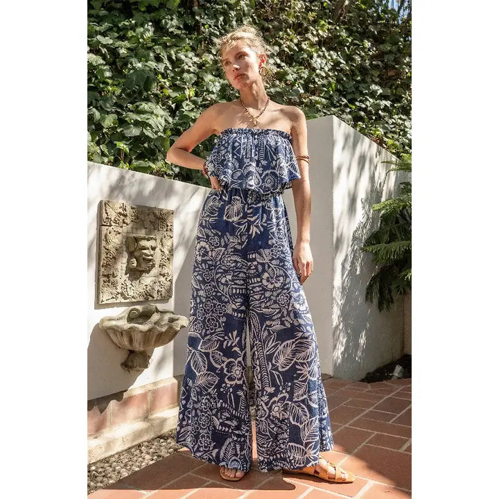 Bria Botanical Strapless Wide Leg Romper