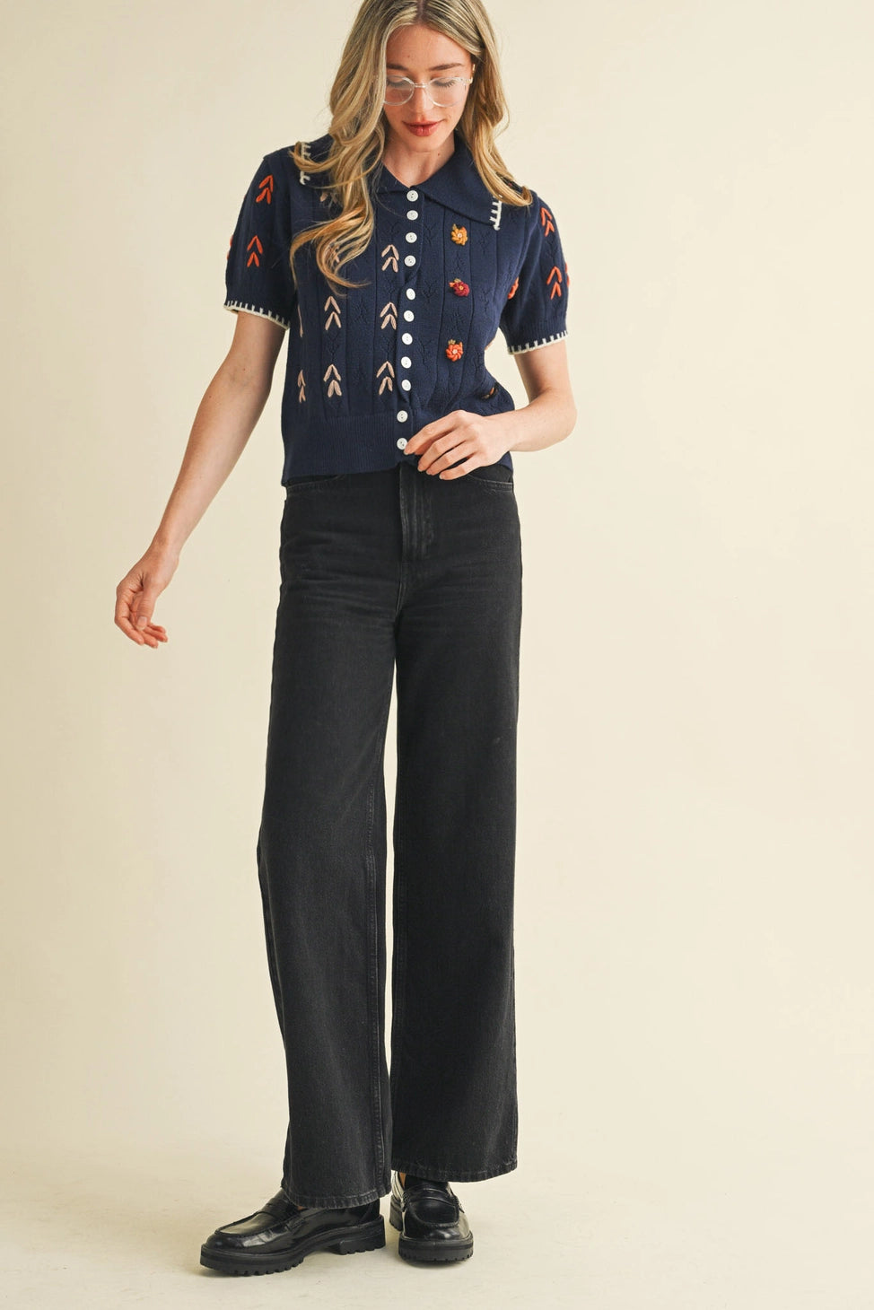 Elena Embroidered Short Sleeve Button Down Sweater