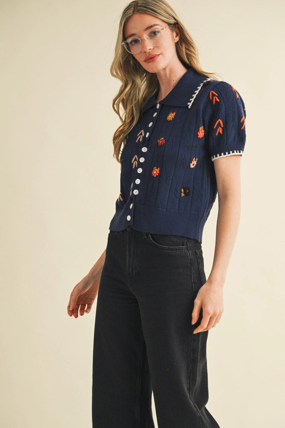 Elena Embroidered Short Sleeve Button Down Sweater