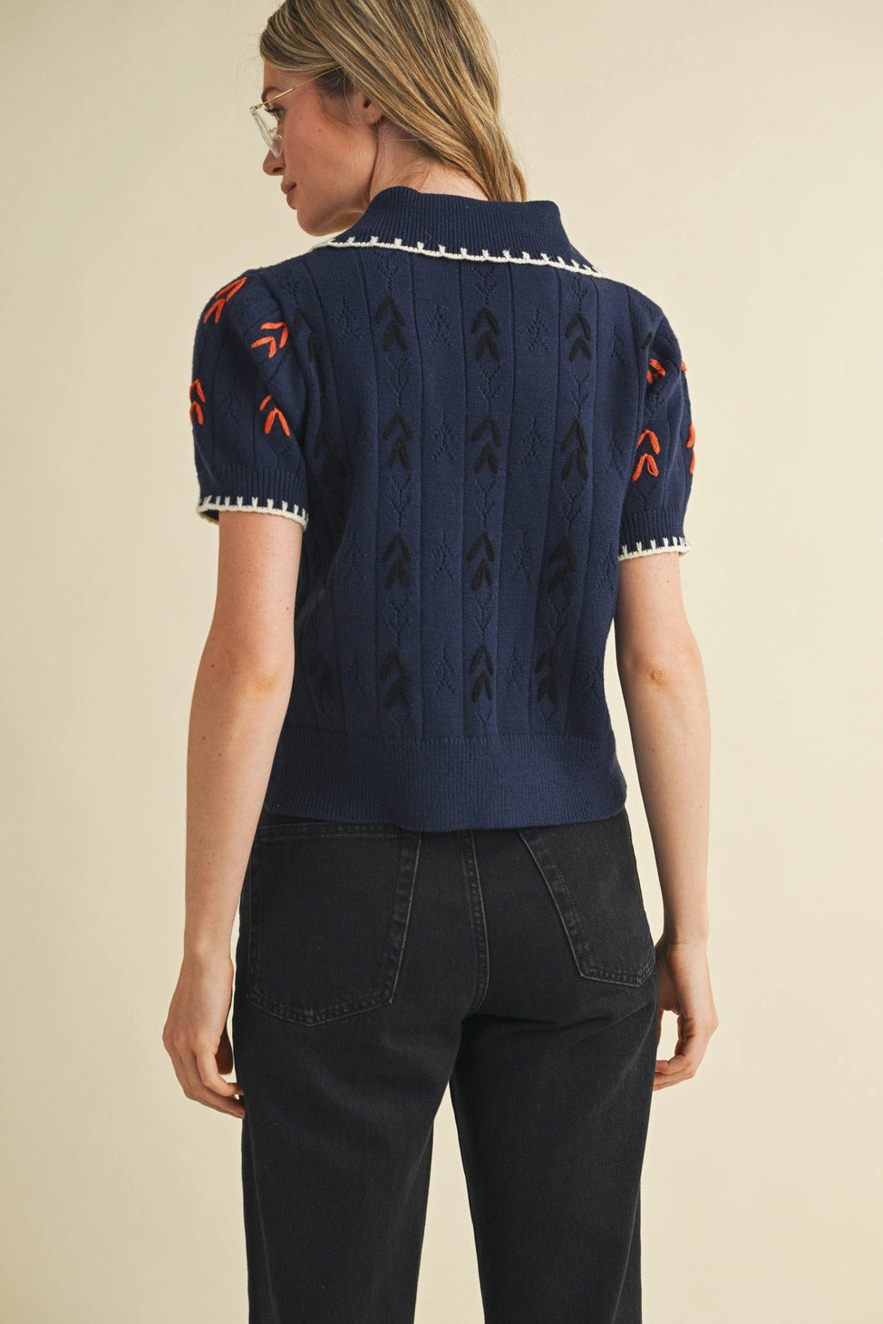 Elena Embroidered Short Sleeve Button Down Sweater