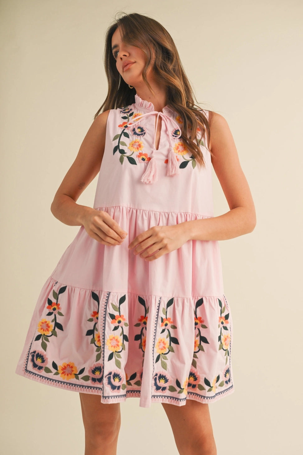 Floral Embroidery Tiered Mini Dress