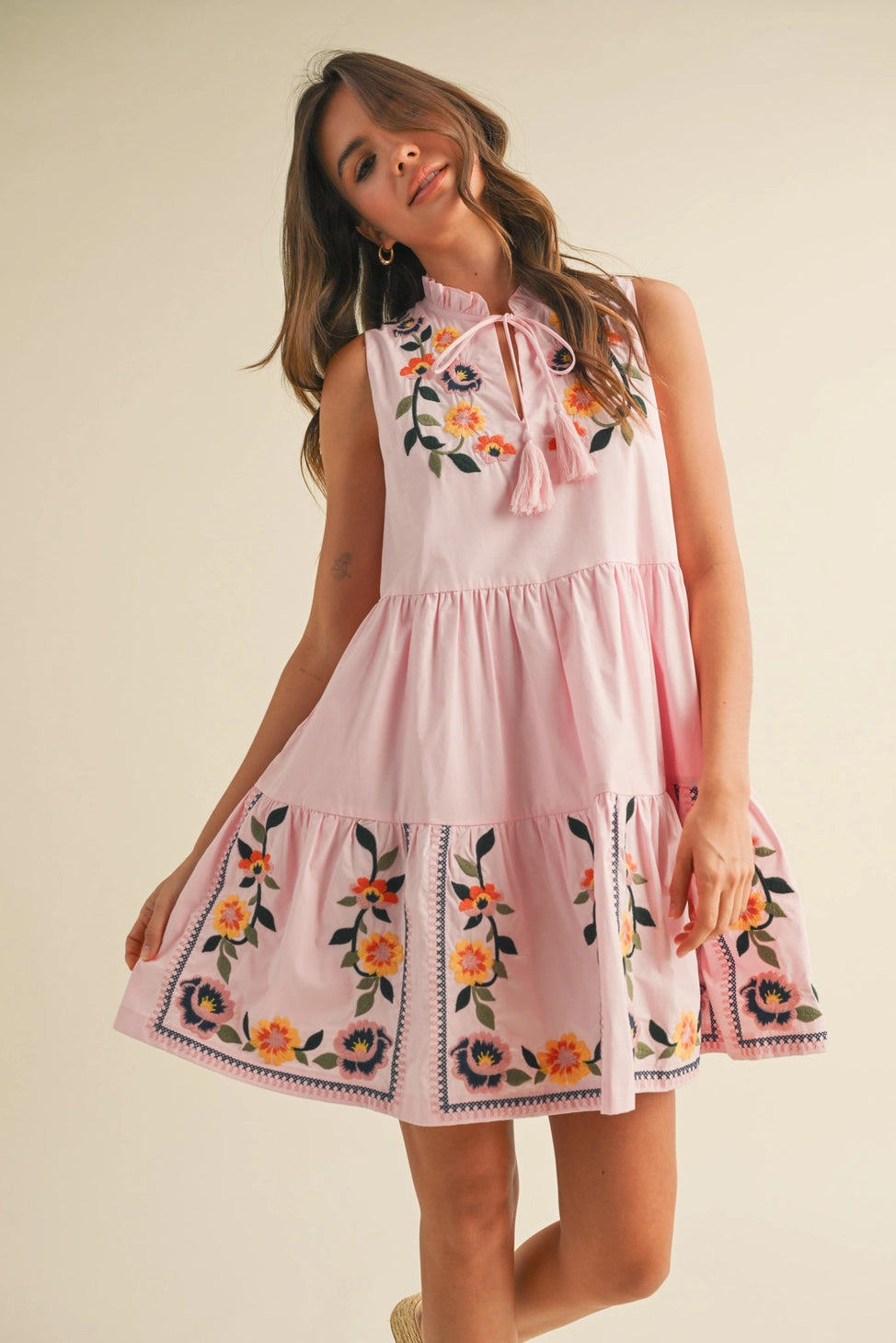 Floral Embroidery Tiered Mini Dress