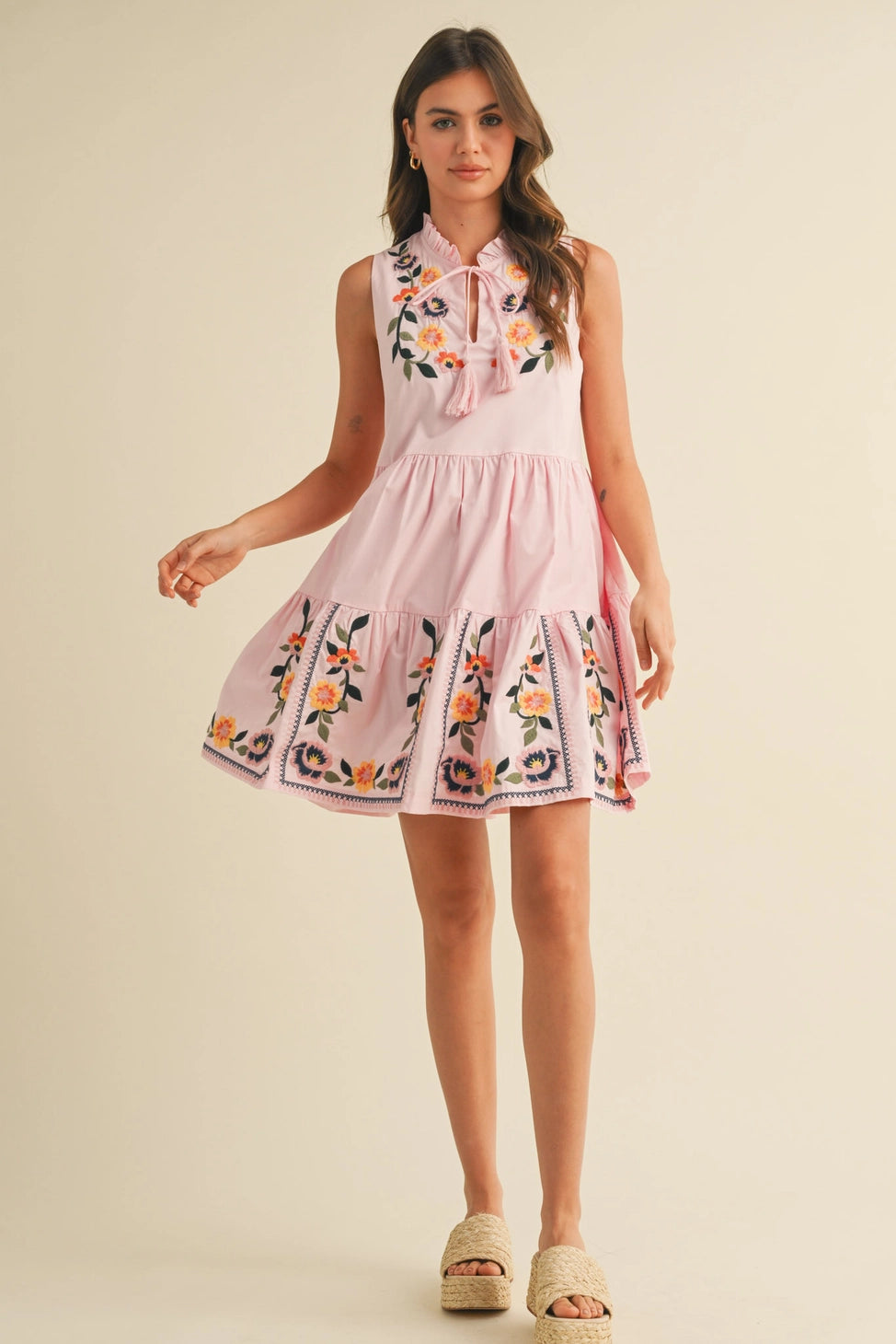 Floral Embroidery Tiered Mini Dress