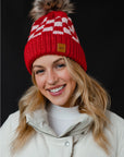 Red & Pink Checkered Pom Hat