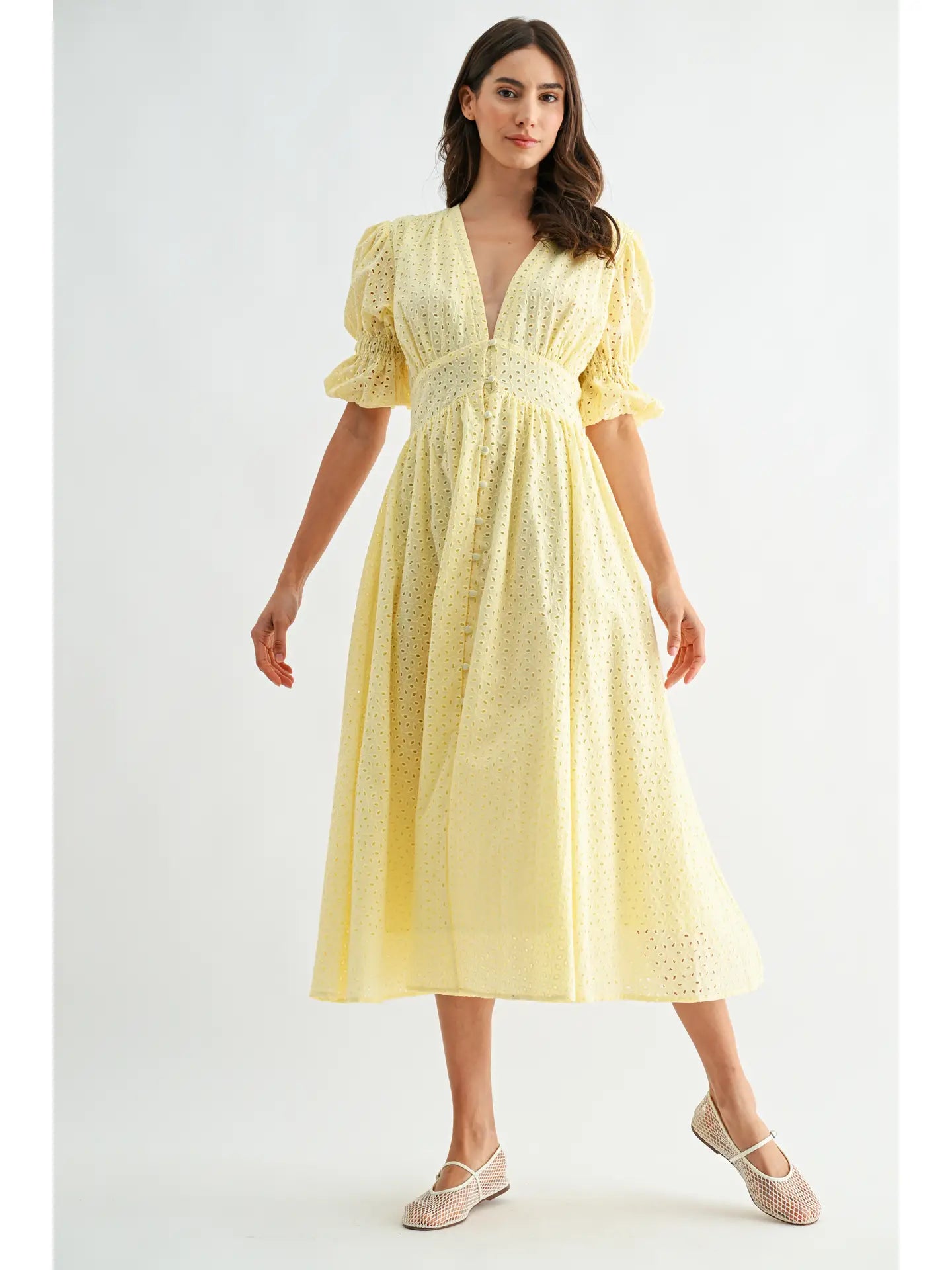 Elena Eyelet Puff Sleeve Midi Dress