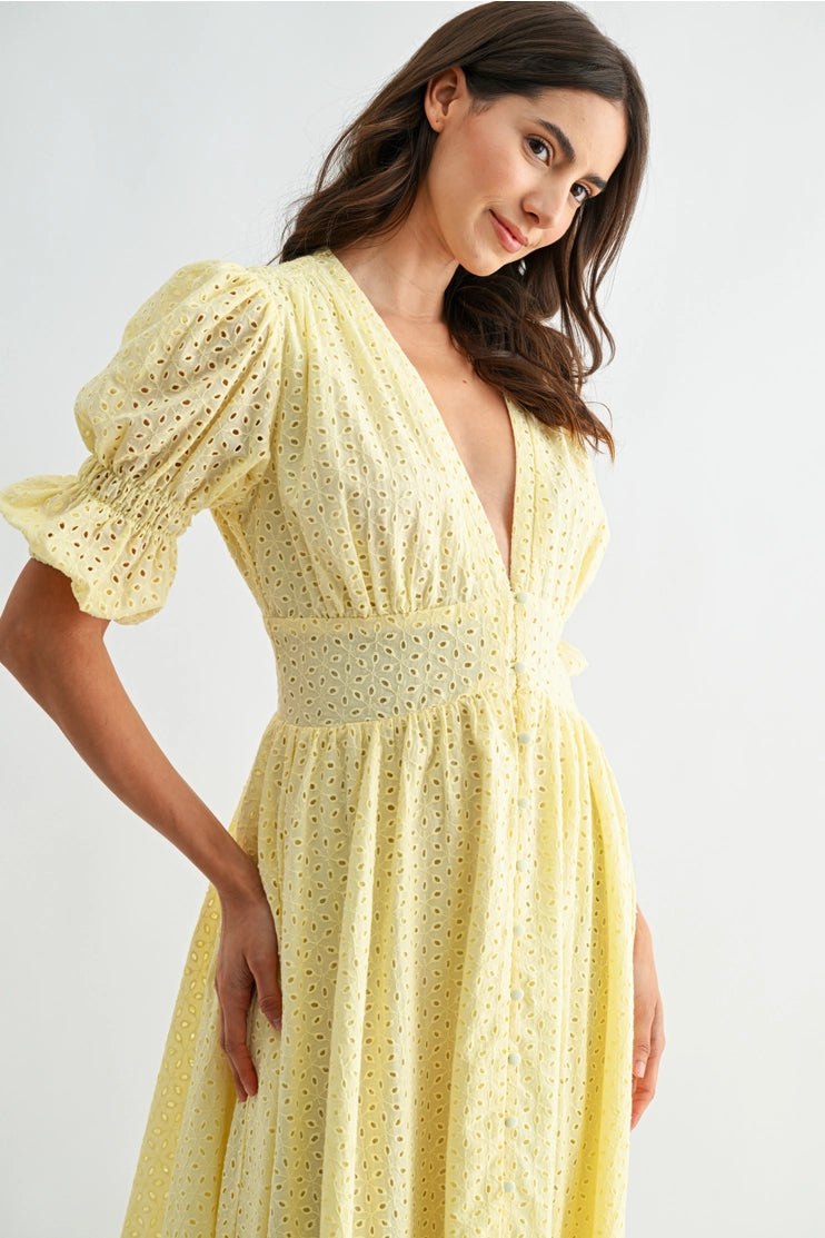 Elena Eyelet Puff Sleeve Midi Dress