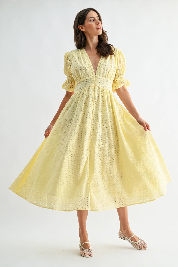Elena Eyelet Puff Sleeve Midi Dress