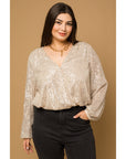 Plus Size Sequin Surplice Long Sleeve Bodysuit - Final Sale Item