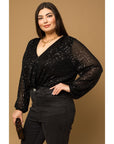 Plus Size Sequin Surplice Long Sleeve Bodysuit - Final Sale Item